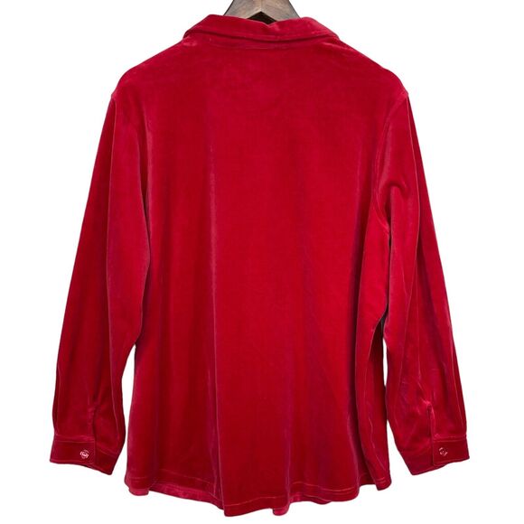 D &‎ Co. Button Front Big Shirt Women Size 1X Red Velour Shirttail Hem - Picture 7 of 14